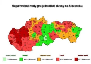 Mapa Slovenska znázorňujúca rozdelenie tvrdosti vody podľa jednotlivých okresov