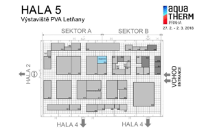 Pôdorys haly č. 5 na výstavisku PVA Expo Praha, kde sa nachádzajú stánky vystavovateľov veľtrhu AquaTherm 2018