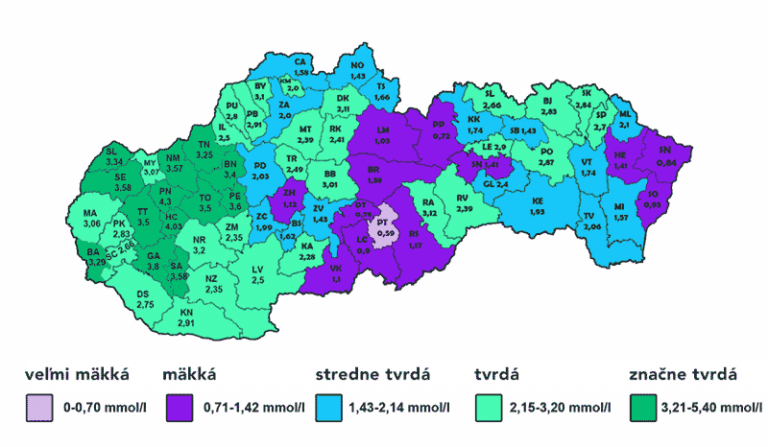 Mapa tvrdosti vody na Slovensku